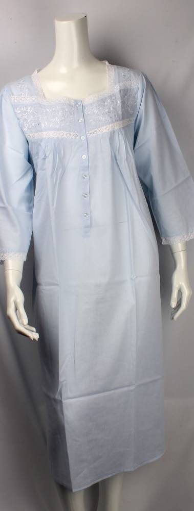 Cotton nightie w long sleeves and embroidered flowers blue Style:AL/ND-26